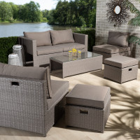 Baxton Studio MLM-210592-Light Grey Haina Modern and Contemporary Grey Fabric Upholstered and Grey Finished Synthetic Rattan 6-Piece Patio SetC
